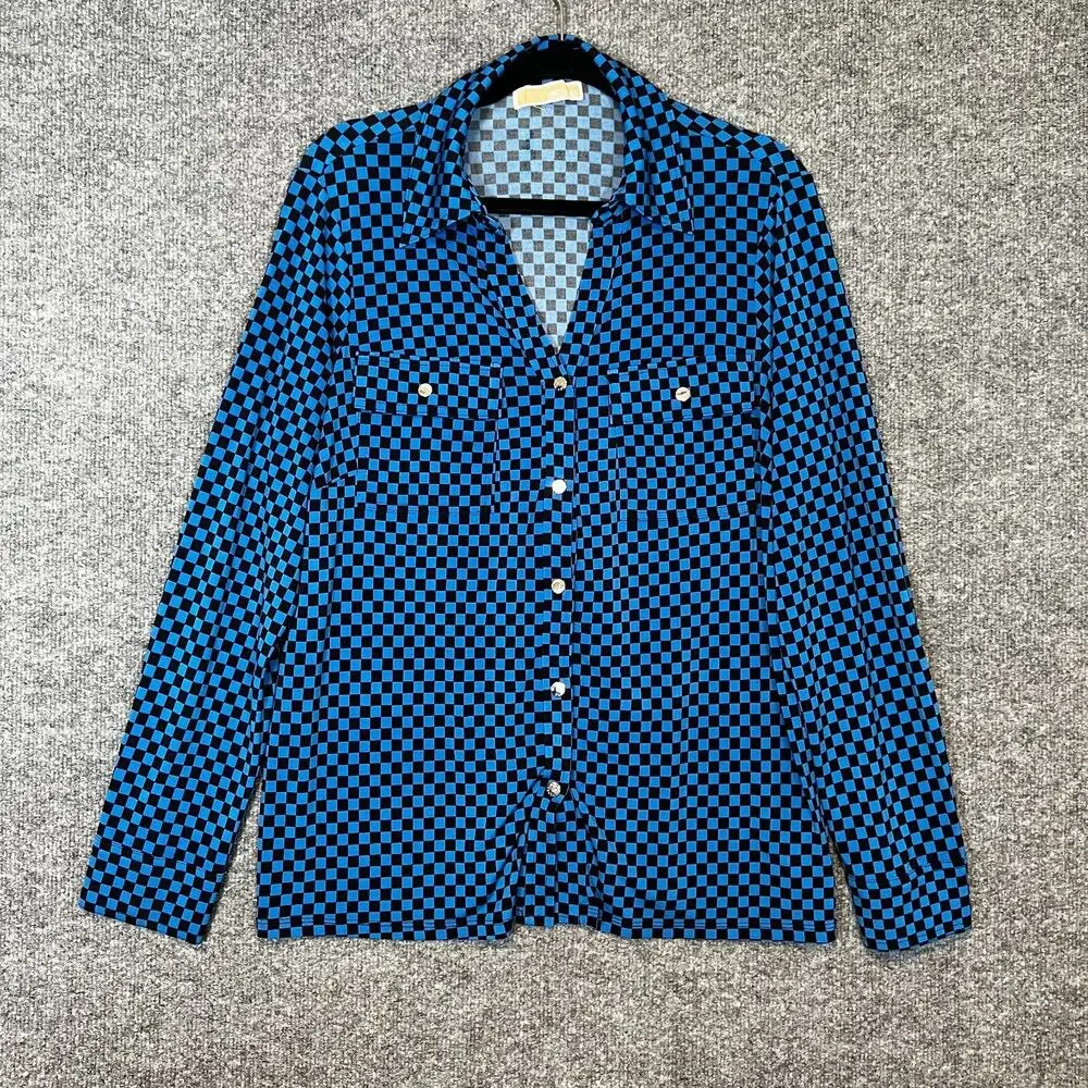 Michael Kors Shirt Womens XL Blue Black Checkered Button‎ Up Stretch Casual